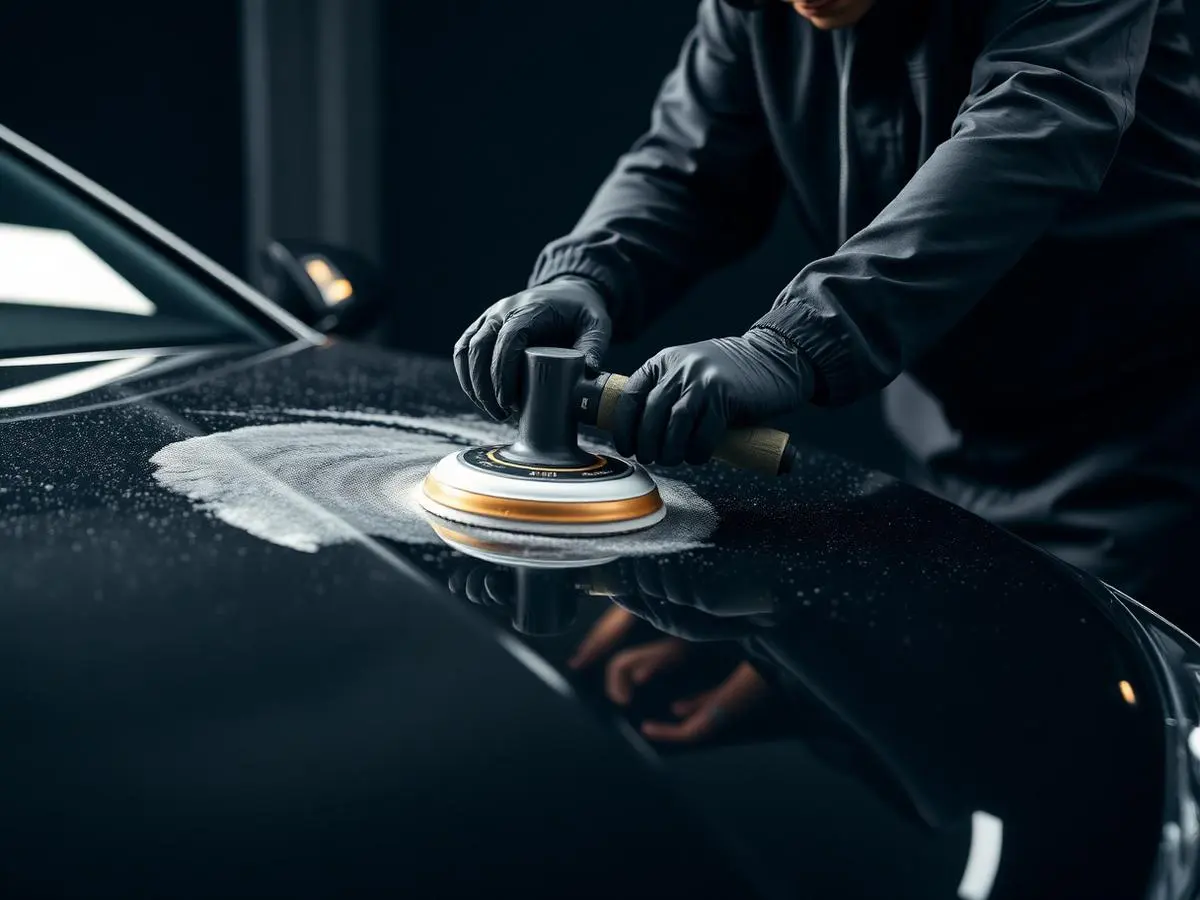 Detailer machine polishing the hood of a dark luxury car